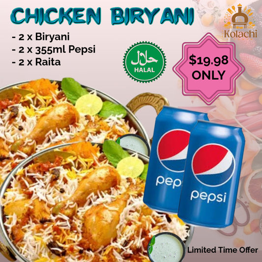 Chicken Biryani, Pepsi & Raita (2 Person Serving)