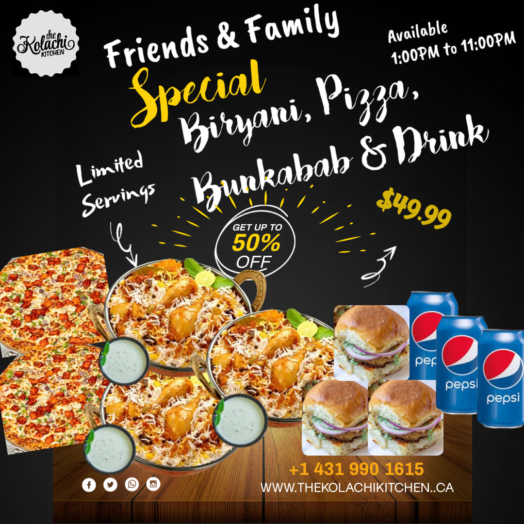 Friends & Family Special (3 x Chicken Biryani + 2 x Small Pizza + 3 x Bunkabab + 3 x 355ml Pepsi)